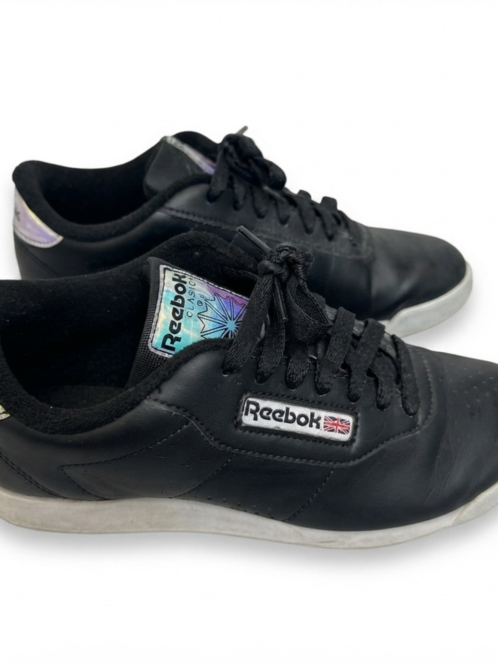 Reebok Black Leather Low-Top Sneakers with Holographic Accents